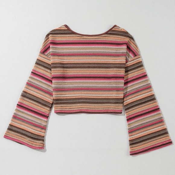 B159 Rose Red Ethnic Striped Wide Cropped Long Sleeve Top - Picture 4 of 5